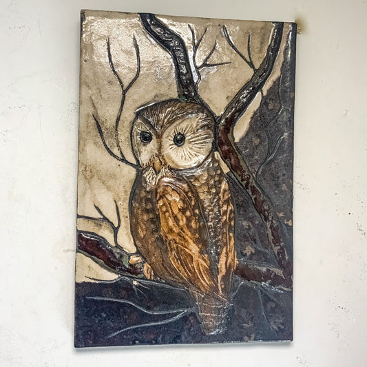 Ruscha Owl Hand Painted Wall Plaque Fat Lava 70’s West German MCM 34 x23cm