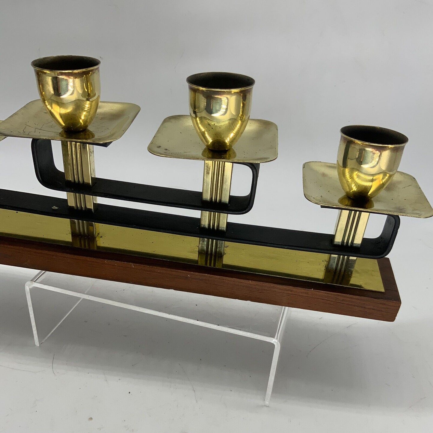 Deco Machine Age German Brass And Teak Candle Holder Candlestick 30s 30x13cm