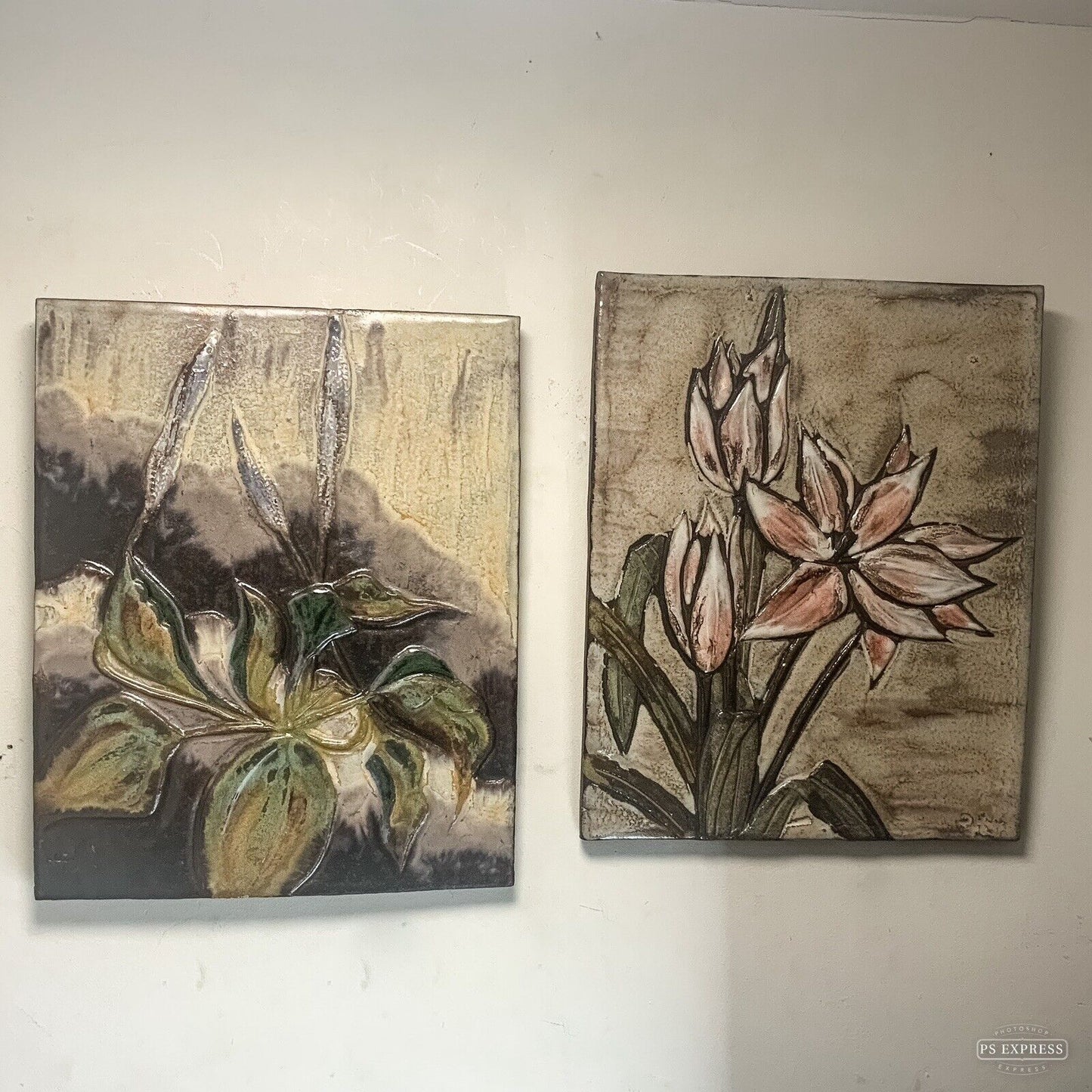 Ruscha Flowers Hand Painted Wall Plaque Fat Lava 70’s West German MCM 31x39cm