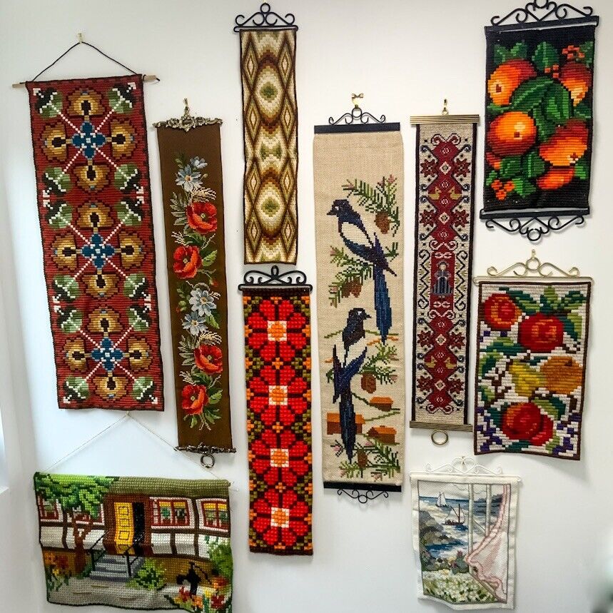 Vintage Traditional Swedish Folk Art Tapestry Wall Hanging  Scandi Chic 70s