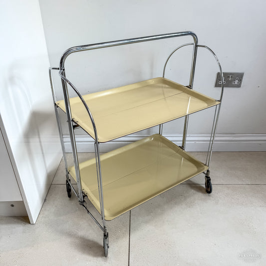 Bremshey Cream Dinette German Chrome Two Tier Folding Bar Cart Serving Trolley 70s