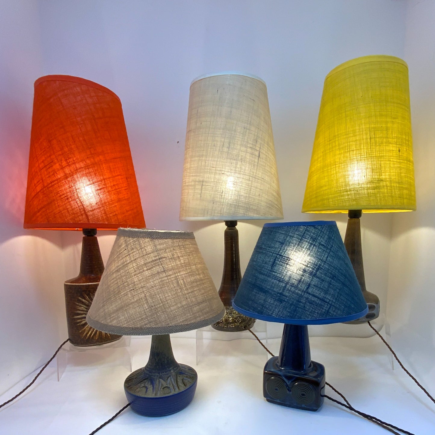 Handmade Hessian Lampshades. Two sizes, five colours available. Ideal for vintage 70s pottery lamps.