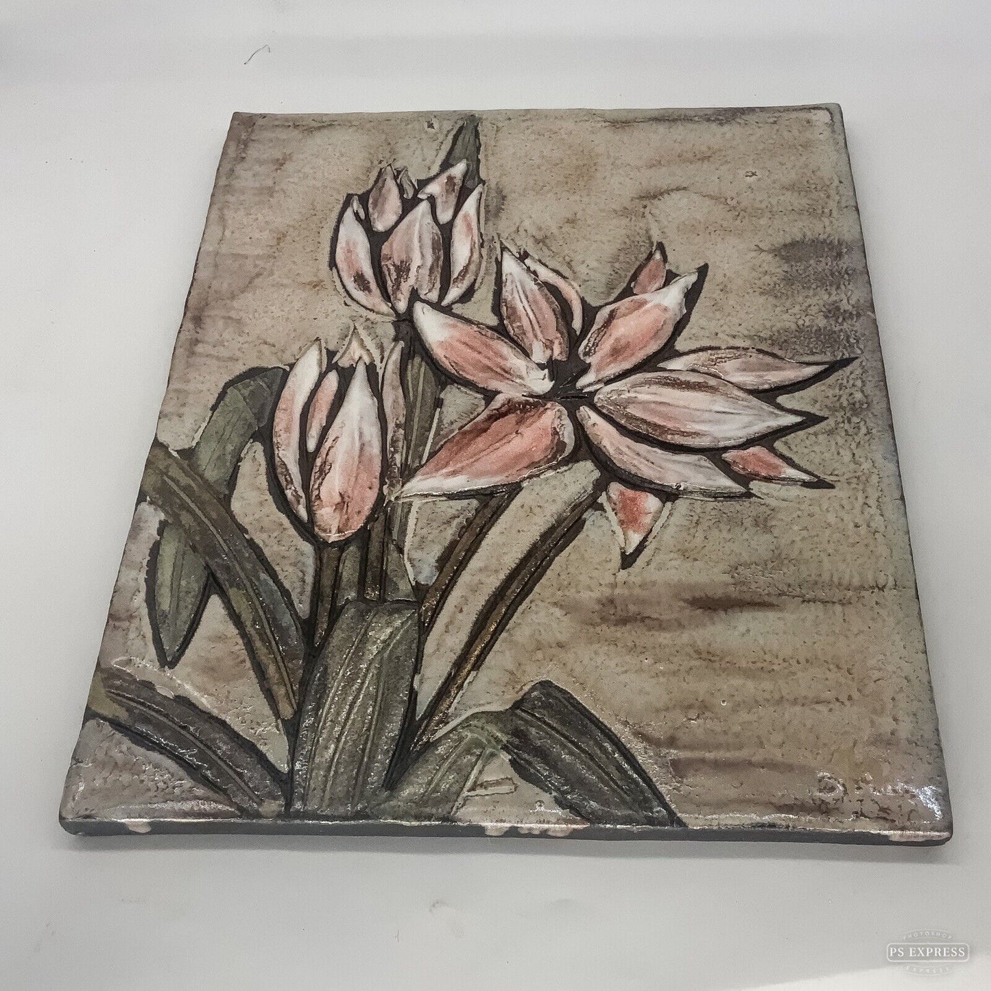 Ruscha Flowers Hand Painted Wall Plaque Fat Lava 70’s West German MCM 31x39cm #2