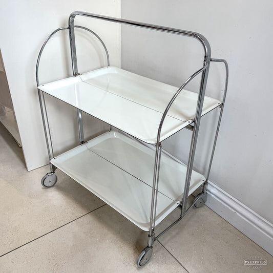 Bremshey White Dinette  German Chrome Folding Bar Cart Serving Trolley 70s