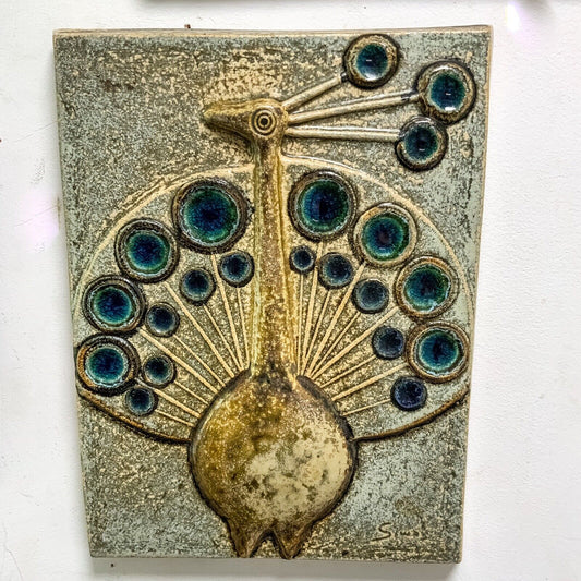 Stoneware Danish Pottery Wall Plaque Peacock Söholm Josef Simon 32x24cm