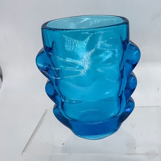 1970s ROSICE Sklo Union Glass Vase Pattern 1272 Czech Blue 14cm