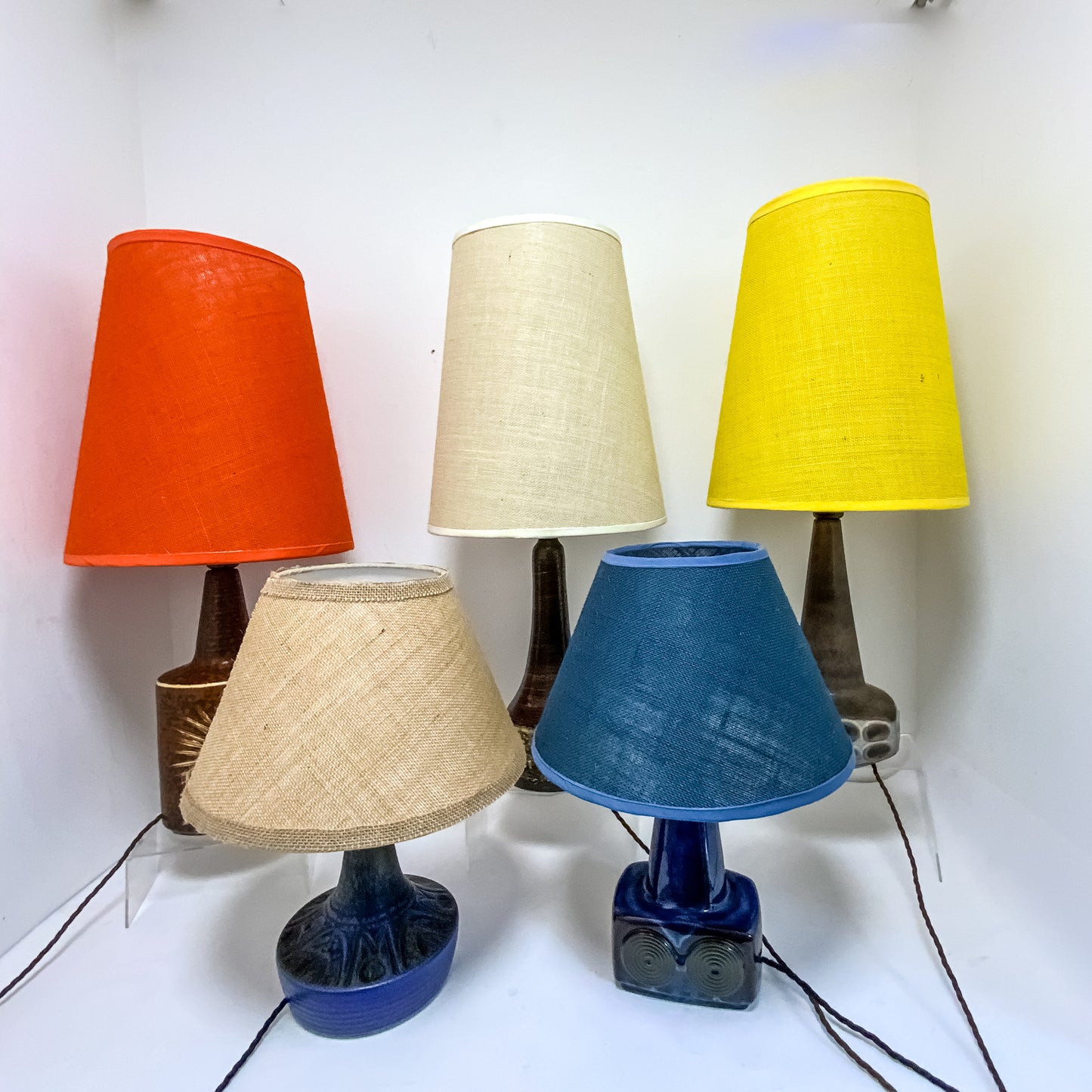 Handmade Hessian Lampshades. Two sizes, five colours available. Ideal for vintage 70s pottery lamps.