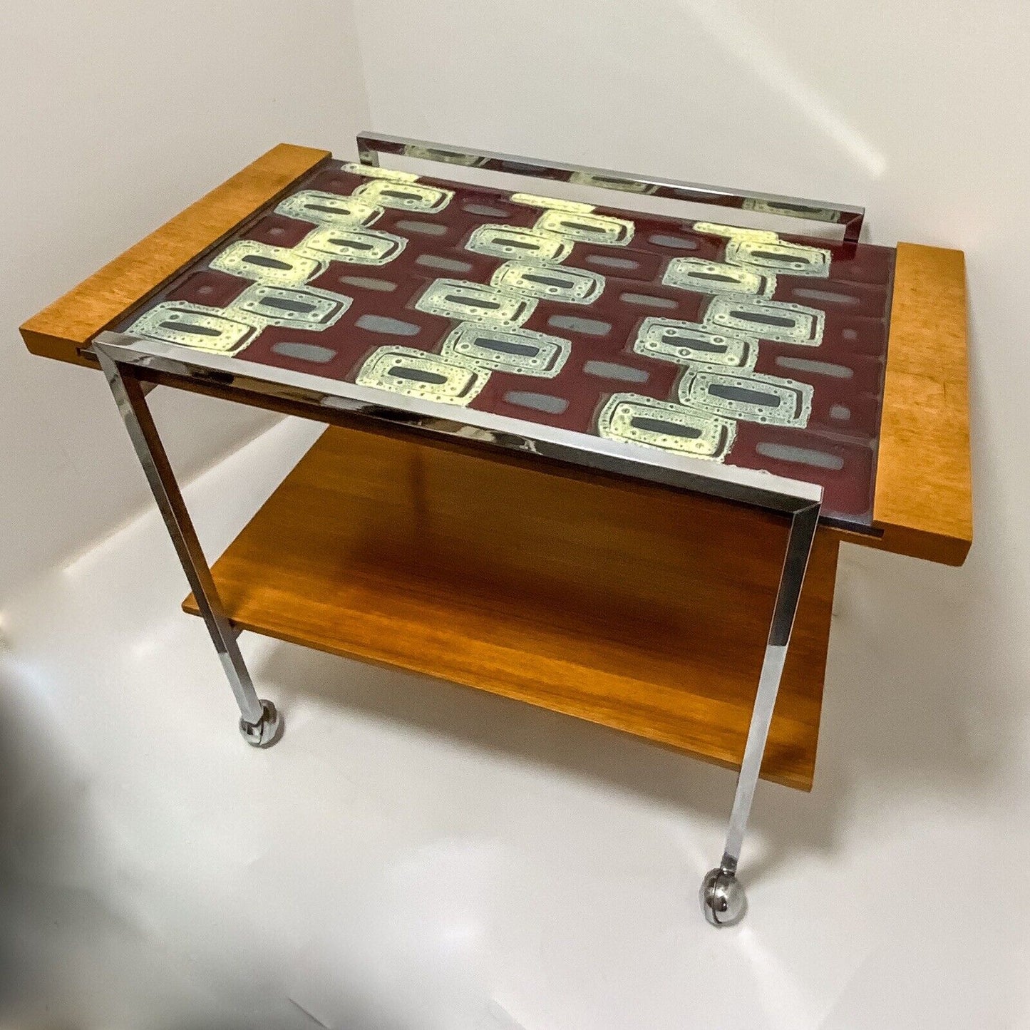 Fat Lava Pottery 70s  Chrome and Teak Cocktail Serving Tea Trolley MCM